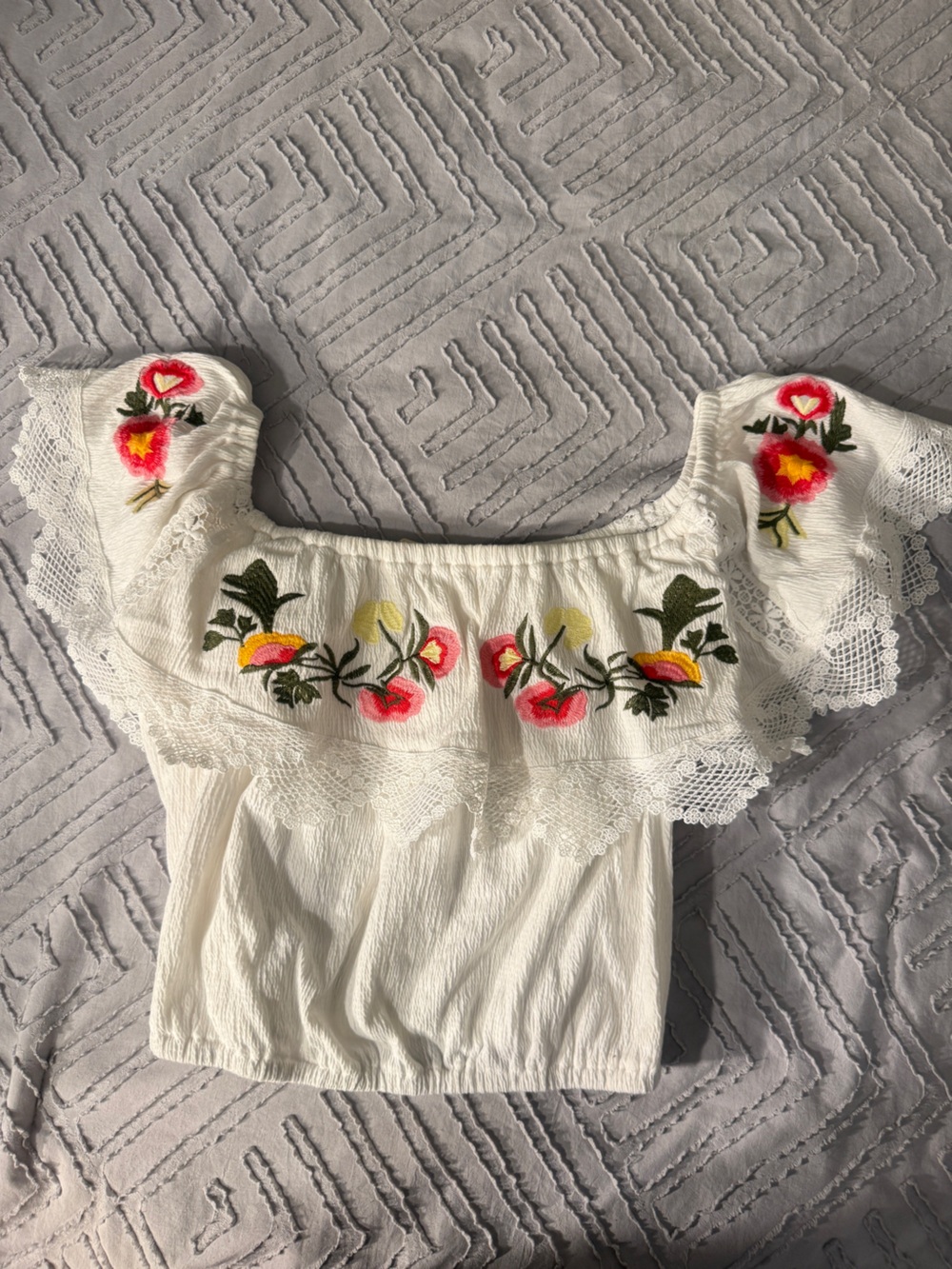 Altar'd State White Off-Shoulder Top with Pink and Yellow Floral Embroidery